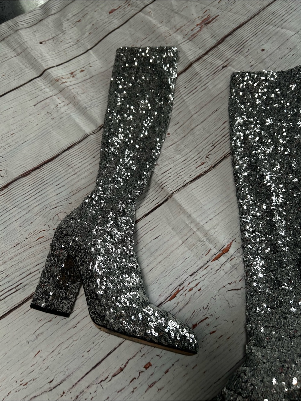 Dolce & Gabbana Silver Sequin Knee-High Block Heel Sock Boots Sz 37 - Picture 5 of 16